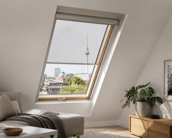 Insektenschutzrollo mit Kassette und Führungsschienen am Fenster (Symbolbild)
