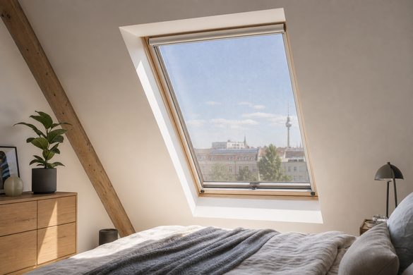 Fliegengitter am Dachfenster in einem Schlafzimmer (Symbolbild)