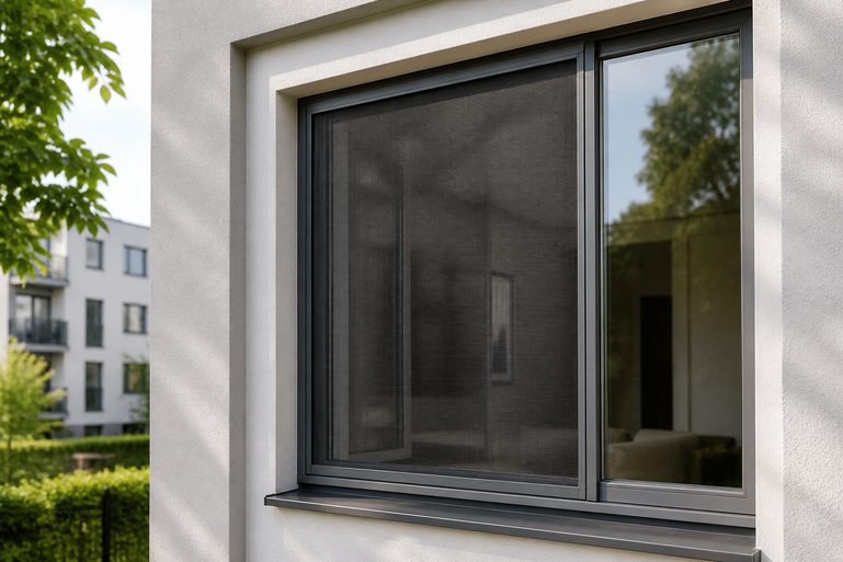 Fliegengitter an einem Fenster von außen betrachtet