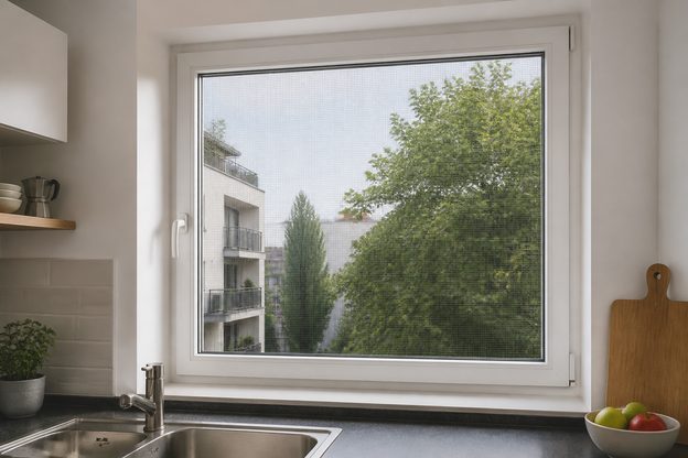 Fliegengitter-Spannrahmen in einem Fensterrahmen (Symbolbild)